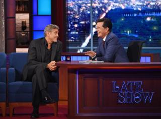 Stephen Colbert interviewing George Clooney.