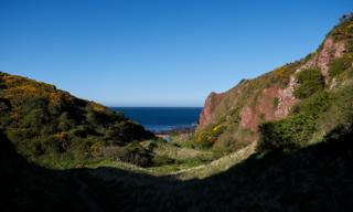 A rugged coastline, almost valley-like, set against a blue sky.
