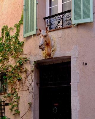 A sculpted horse’s head above a dark doorway on a pink facade with green shutters and a climbing vine.