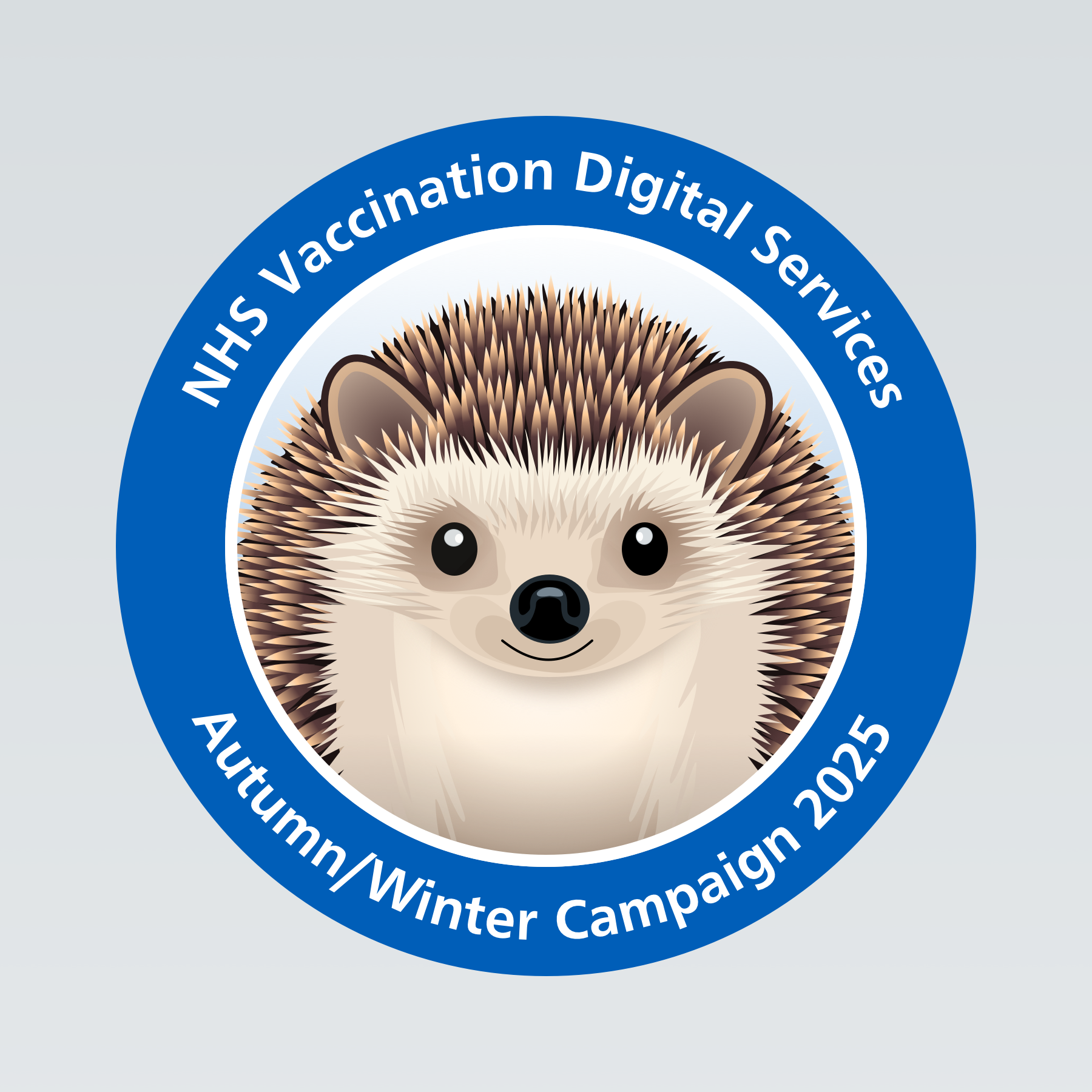 A circular badge featuring an illustration of a smiling hedgehog.