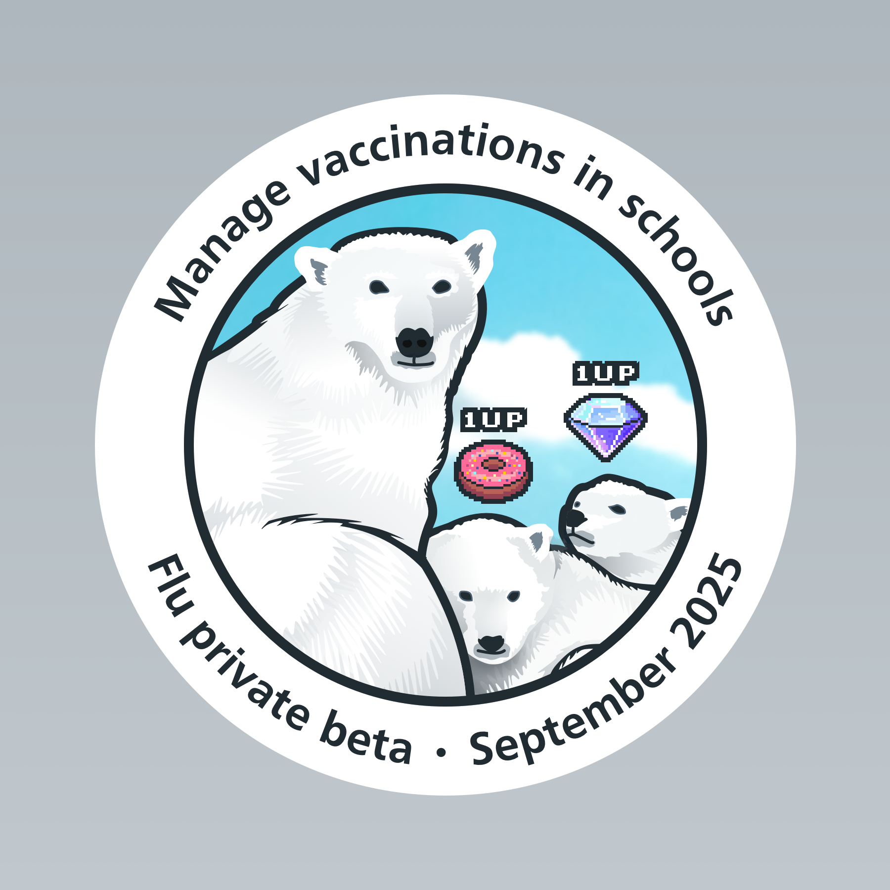 A circular badge featuring a polar bear and her 2 cubs. Each has a 1UP above them heads, one above a doughnut, another above a diamond.
