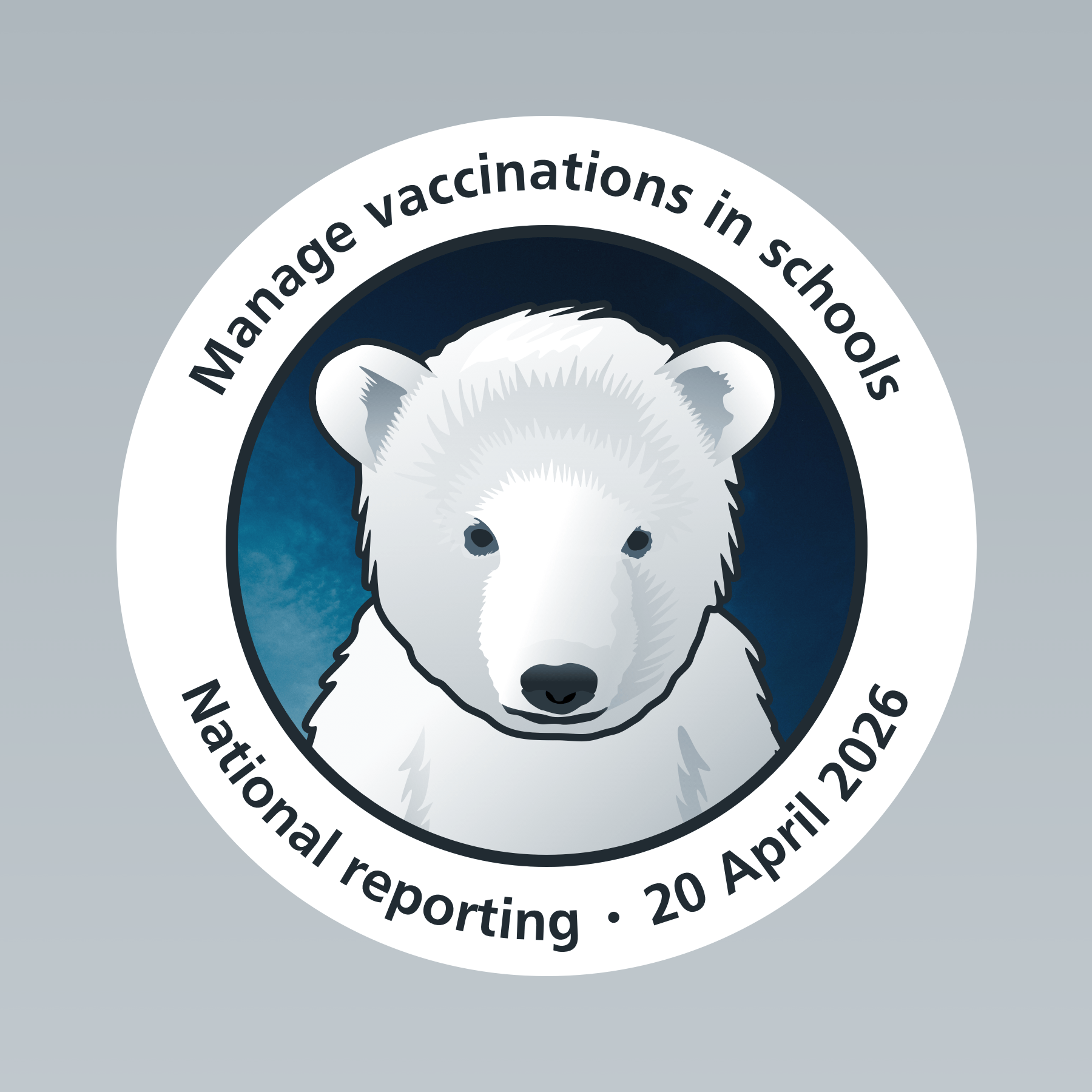 A circular badge featuring a polar bear cub.